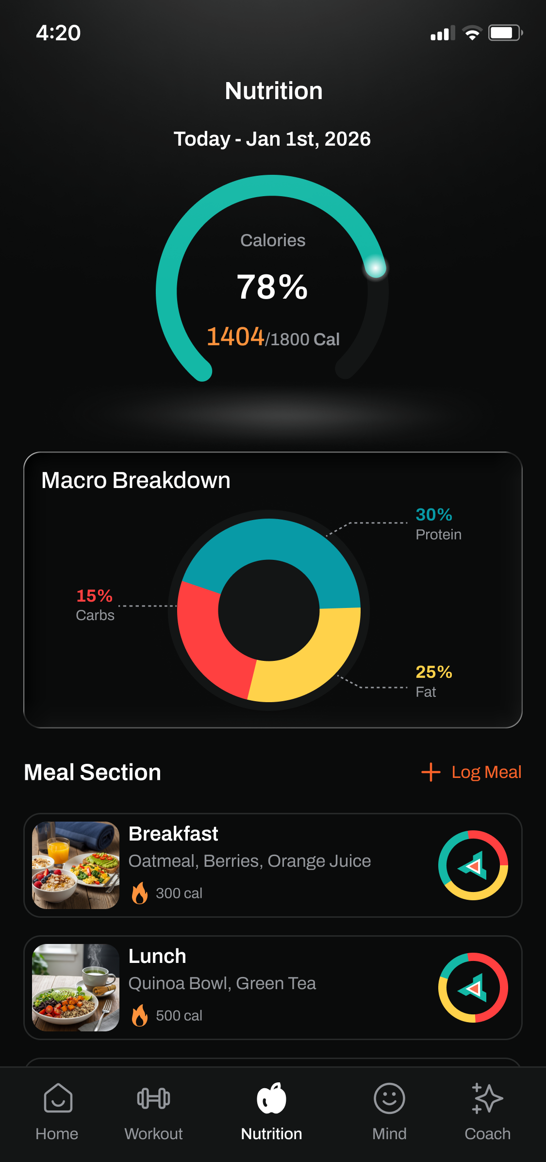 FitEdge Nutrition Tracking Screen